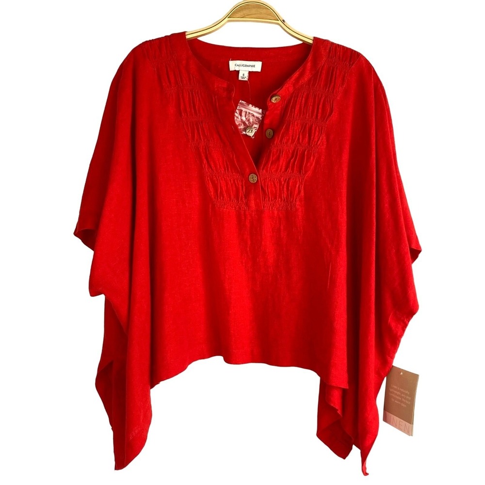 Calligraphie Linen Blend Boxy Kimono Top Women Size S Red Lagenlook SlouchyNWT